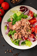 Tuna salad canned fish, tomato, green leaf salad vegetable dish tasty snack fresh gourmet food background on the table rustic top view copy space keto and paleo diet vegetarian food pescetarian diet