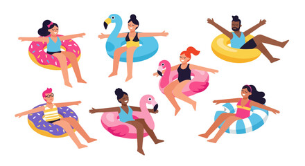 Fototapeta premium People Enjoying Summer Fun, Relaxing In The Sun Using Inflatables On A Black Background