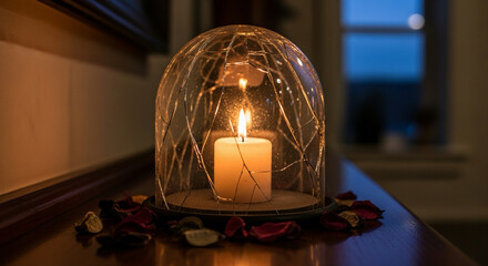 candle glowing inside cracked glass dome — remembrance and reflection