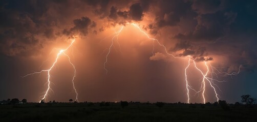 Powerful lightning bolts strike over dark landscape during intense summer storm. Dramatic flashes of electrical energy illuminate night sky with stunning light. Weather phenomenon nature raw power.