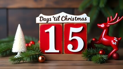 Fifteen days until Christmas with festive decorations, reindeer, and a cozy winter scene.