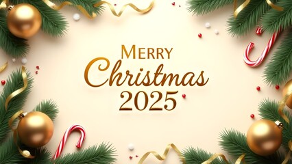 Festive Christmas 2025 greeting card with ornaments, candy canes, and evergreen branches on beige.