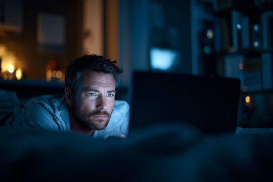 A man is lying on his bed and looking at a laptop