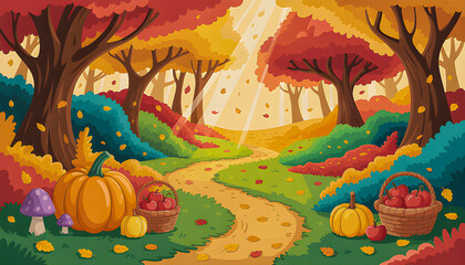 A colorful autumn forest with vibrant trees golden leaves falling on a winding path pumpkins apples and mushrooms create a magical seasonal scene with warm sunlight streaming through