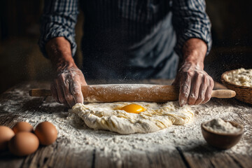 A man is making a dough with a rolling pin and eggs on a table