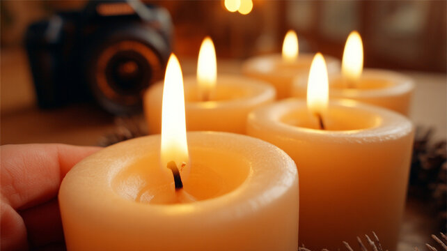 Advent calendar. Burning candles with Christmas decorations. Lighting candles. - Powered by Adobe
