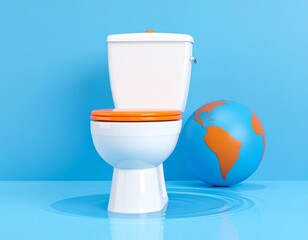 White toilet with orange lid and globe on blue background symbolizing World Toilet Day, highlighting sanitation and public hygiene awareness.
