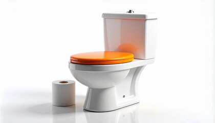 White toilet with orange lid and toilet paper on white background. Minimal design with copy space for World Toilet Day, November 19 awareness.