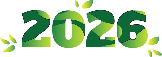 Vector art of 2026 text with green leaves