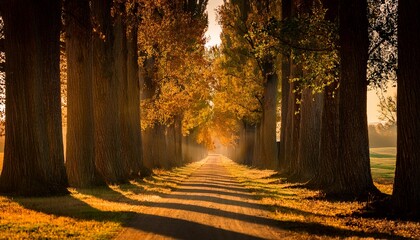 Tree Lined Pathway With Tall Poplars Casting Long Shadows In The Golden Light Of Late Afternoon