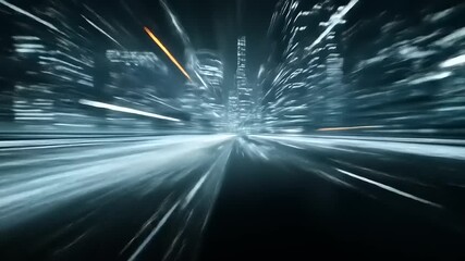 Luminous highway amidst towering structures, a digital cityscape speeding onward into the horizon endlessly