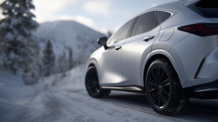 Naklejka premium Car driving on snowy road through winter landscape. Vehicle journeying in cold weather. Transport in snow for travel and adventure.