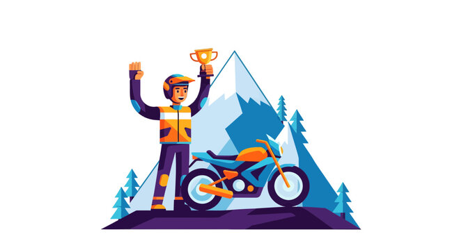 Motorcycle Athlete Champion Celebrates Mountain Competition Victoriously Reaching The Summit