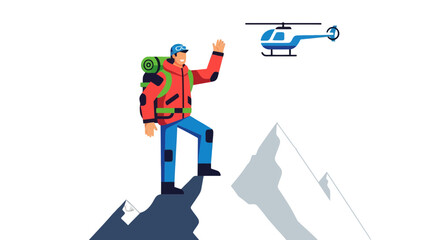 Fototapeta premium Mountain Climber Seeking Assistance Via Helicopter for Rescue Endeavors and Support