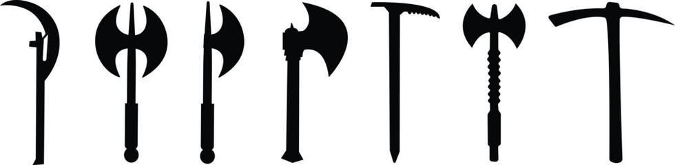 Weapon Icon Set, Axe, Pickaxe, Halberd, Battle Axe, Spear, and War Tool Symbol Collection and Group, Ancient and Modern Blade, Metal Armory, and Combat Equipment Vector in Black Color Flat Style
