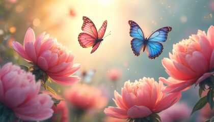 Pink peonies bloom in soft sunlight. Two butterflies fly among flowers. One butterfly is blue other pink. Gentle floral scene embodies spring romance. Concept for wedding invitation or greeting card.