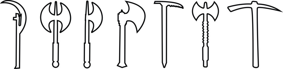 Weapon Icon Set, Axe, Pickaxe, Halberd, Battle Axe, Spear, and War Tool Symbol Collection and Group, Ancient and Modern Blade, Metal Armory, and Combat Equipment Vector in Black Color Line Style