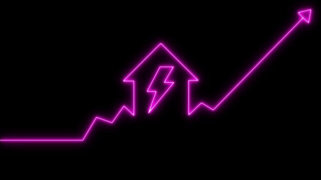 Neon home icon animation with up arrow and lightning bolt. Battery charging and power concept for house and business. Home with battery charging power icon animation with up arrow.