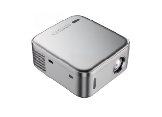 Sleek compact portable multimedia projector in silver finish, ideal for presentations and home entertainment, isolated on a clean transparent background