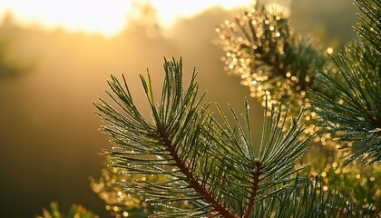 Morning Dew On Pine Needles Showcasing The Beauty Of Naturers Details In Soft Light Outdoor Imagery