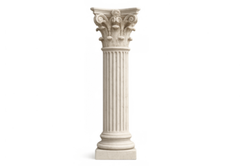 White fluted corinthian column with acanthus leaf capital, standing straight, representing strength and classical architecture on transparent background