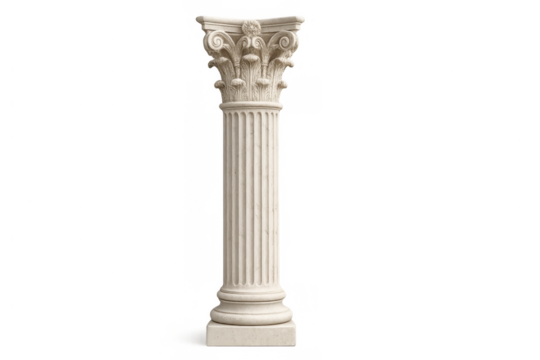 White fluted corinthian column with acanthus leaf capital, standing straight, representing strength and classical architecture on transparent background