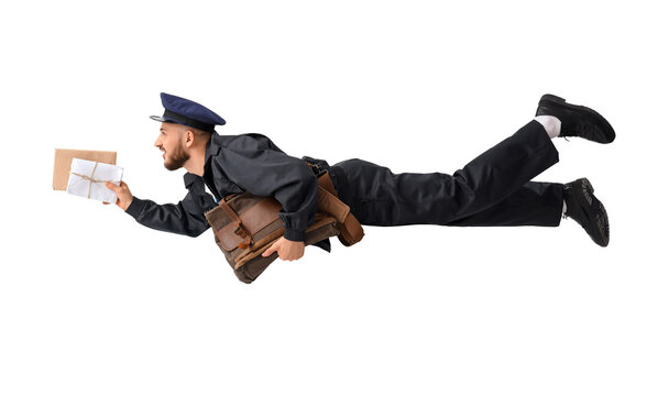 Handsome postman with bag and letters flying on white background