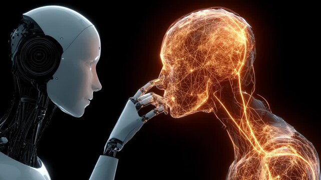 Interaction between a humanoid robot and a digital human representation in a futuristic setting during a nighttime display
