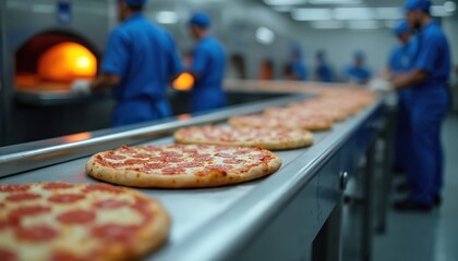 Freshly baked pizzas on conveyor belt in industrial kitchen. Workers in blue uniforms prepare pizzas for packaging, distribution. Pizzas move along metal conveyor belt. People in background work at