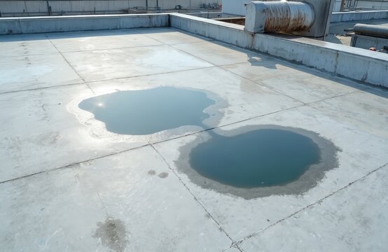 Water pools on flat concrete roof near rusty turbine ventilator. Drainage problem on industrial building rooftop. Ponding water indicates potential issues with building structure and water proofing.