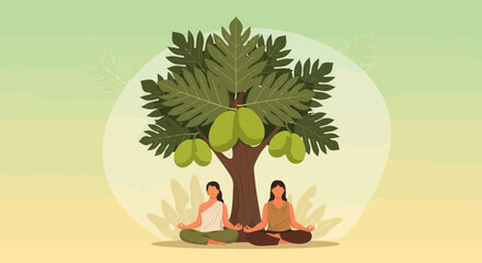 Meditating Under A Papaya Tree: A Peaceful Scene Of Inner Harmony And Mindfulness