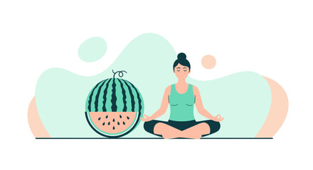 Meditating Woman Beside A Watermelon Illustrating A Healthy Lifestyle Design