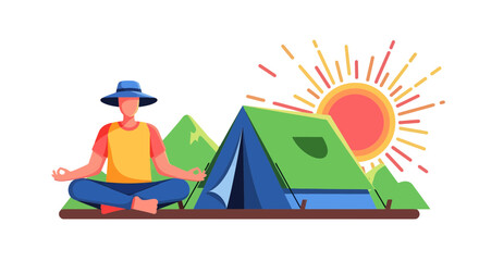Meditative Camper in Nature: Serene Camping Scene Featuring Peaceful Meditation