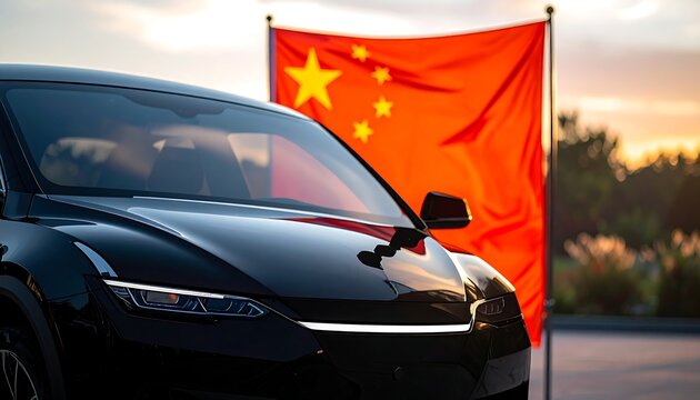 Sleek black car gleams against a backdrop of the Chinese flag, under a warm, sunset-kissed sky