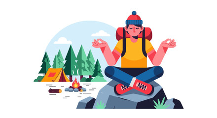 Meditative Hiker Reaching Inner Peace, Sitting In Nature, Enjoying Serene Camping Experience