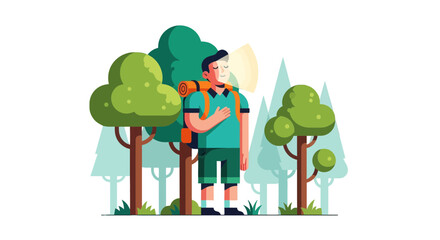 Meditative Hiker Reaching Inner Peace Standing Amidst Forest Serenity And Tranquility