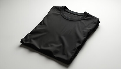 Clean black t-shirt mockup, neatly folded, viewed from side. Plain clothing item ready for custom print or design. Isolated on white background.