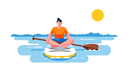 Meditative Person Paddling on Paddleboard at Night with the Moon Above