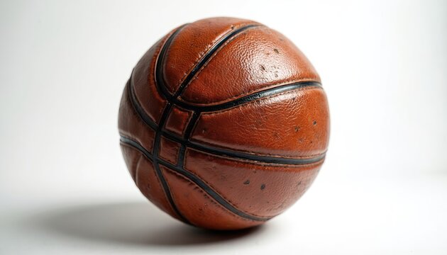 Worn vintage leather basketball rests alone on a clean white surface. The textured brown ball with black seams shows signs of past games and athletic use.