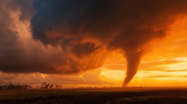 A tornado spins menacingly amid vibrant sunset colors over an open countryside creating a stunning contrast.
