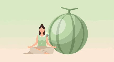Meditative Woman Beside a Melon Symbolizing a Peaceful State of Being