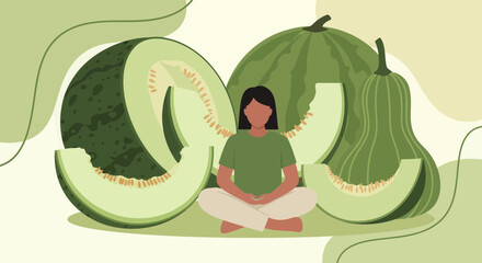 Meditative Woman Surrounded By Melons Reflecting Health and Wellness in a Peaceful Setting