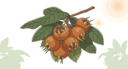 Medlar Branch Depiction With Ripe Fruits, Illustrative Botanical Drawing For Design
