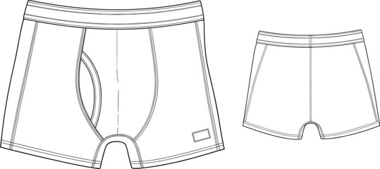 Men’s boxer briefs technical sketch, front and back view, contour pouch, seam detail, fashion illustration, garment design, black and white