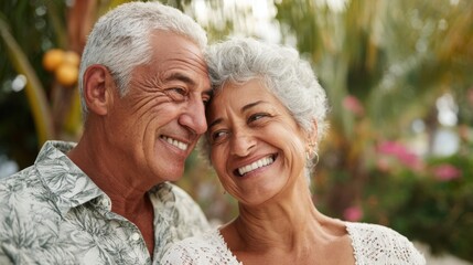 Two smiling older adults embrace each other in a beautiful garden filled with flowers.