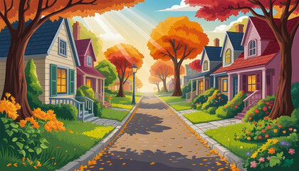 A charming suburban street lined with colorful houses and vibrant autumn trees golden sunlight streams through the branches while fallen leaves decorate the quiet peaceful neighborhood scene