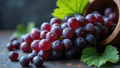 Close up photo shows bunch of dark purple grapes with water drops. Fresh fruit near green leaves. Harvested ripe grapes ready for winemaking or food.