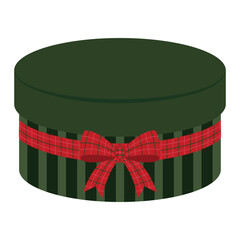 Green striped gift box with red and green checkered bow. Flat vector illustration isolated on a white background.