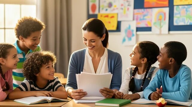 Engaged teacher leads vibrant classroom discussion as diverse students enthusiastically participate and learn together in a bright, modern educational setting - Powered by Adobe