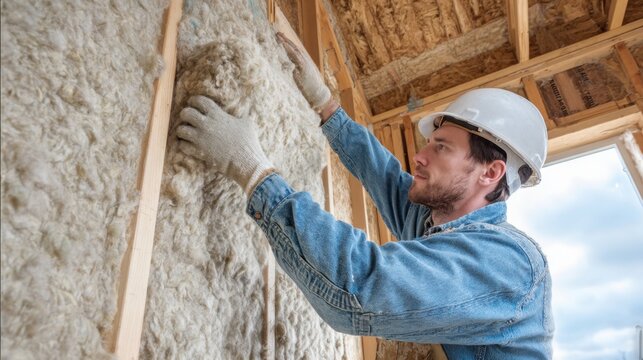 Man in safety gear works diligently fitting insulation into wall framing during construction.
